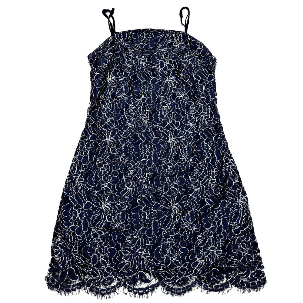 Mi Ami Floral Lace Mini Dress Womens XXS Navy Metallic Silver Eyelash Hem 26X335